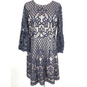 Eliza J Lace A Line Dress Womens Size 14 Navy Blue Bell Sleeves Gold Tone Zipper